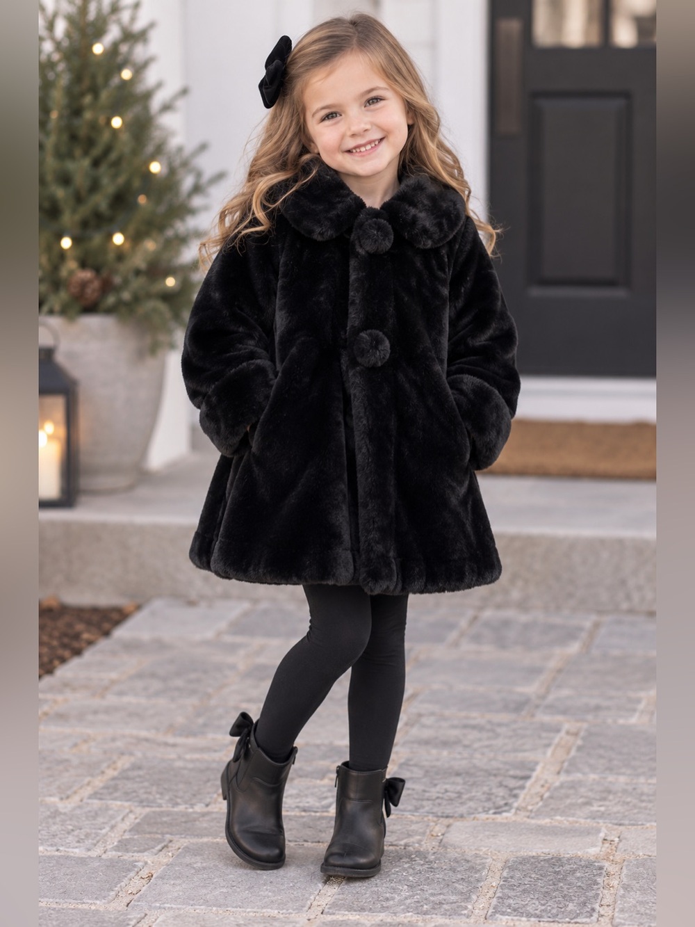 Vintage Supermini Black Faux Fur Swing Coat Girls Size 5 Y2K